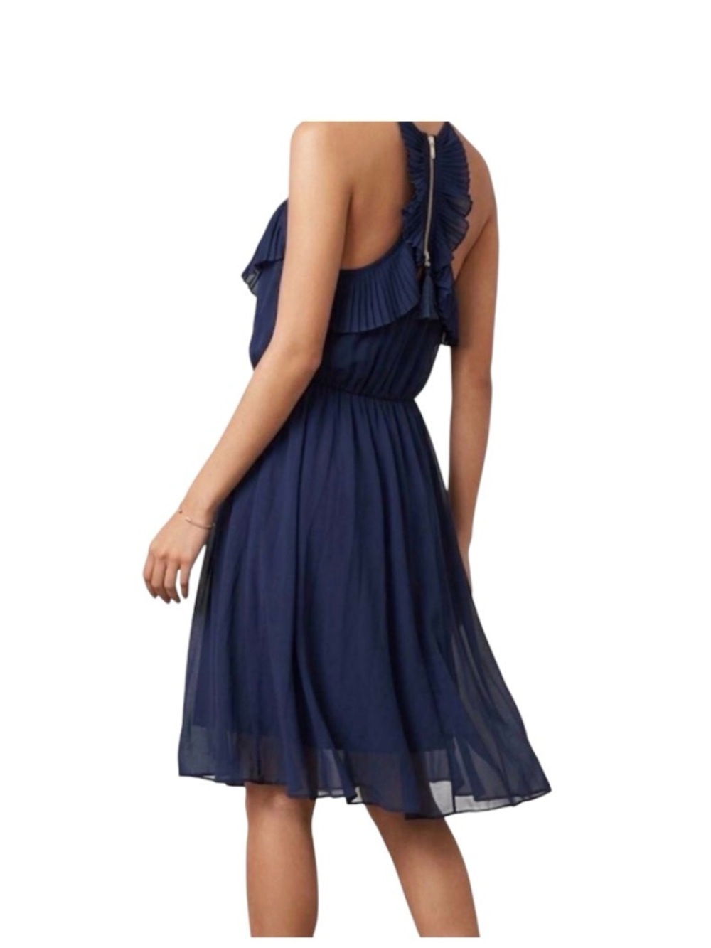 Xtaren Navy Blue Ruffle Trim Pleated Chiffon Halter Dress